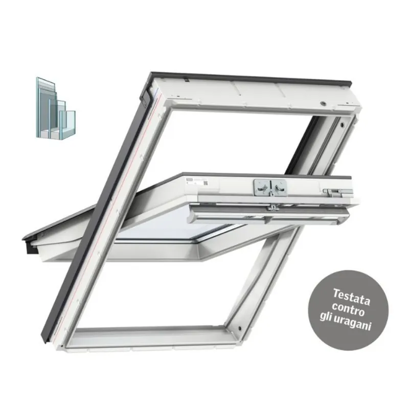 Finestra Energy Velux GGU a bilico manuale per tetto a falda, triplo vetro, dimensioni 660x1180 mm, Legno e Poliuretano finitura Bianco Express Levering