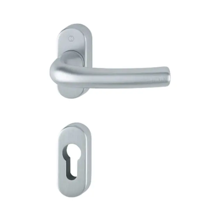 Betaalbaar Maniglia Tokyo Hoppe per porta a profilo, rosetta e bocchetta ovale foro Yale, quadro 8 mm, spessore porta 59-65 mm, Ottone finitura Cromato Satinato Resista F41-R