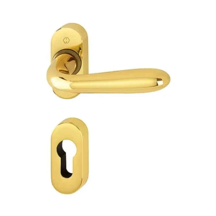 Tijdelijk Beschikbaar Maniglia Santiago Hoppe per porta a profilo, rosetta e bocchetta ovale foro Yale, quadro 8 mm, spessore porta 57-86 mm, Ottone finitura Lucido F71