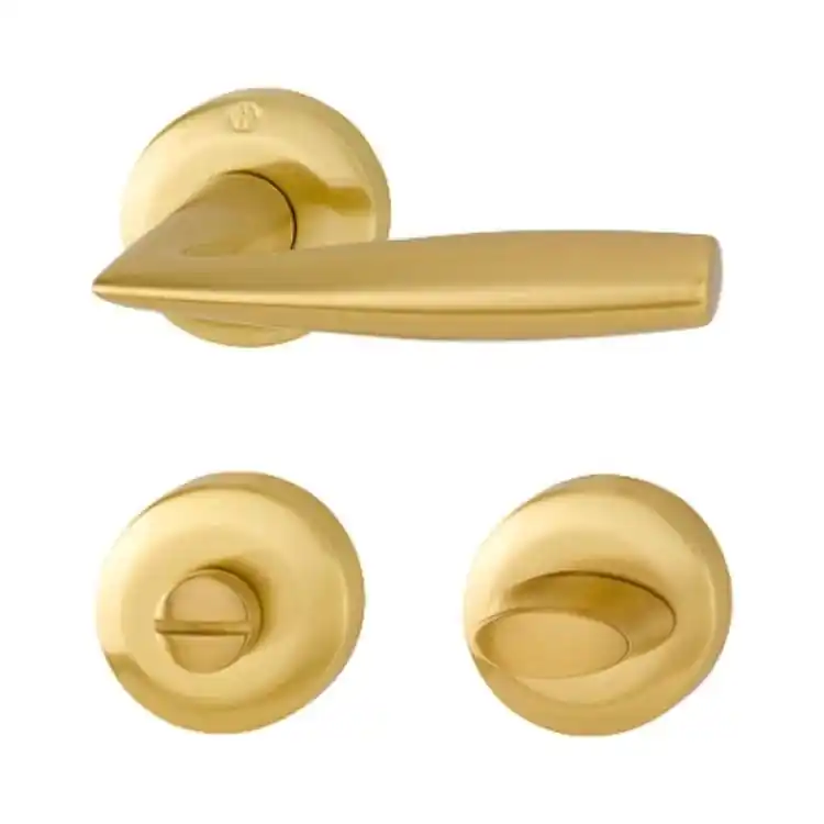 Maniglia Vitoria Hoppe per porta interna, rosetta e nottolino Wc, quadro 8 mm, porta 40-47 mm, Ottone finitura Satinato F72 Superprijs