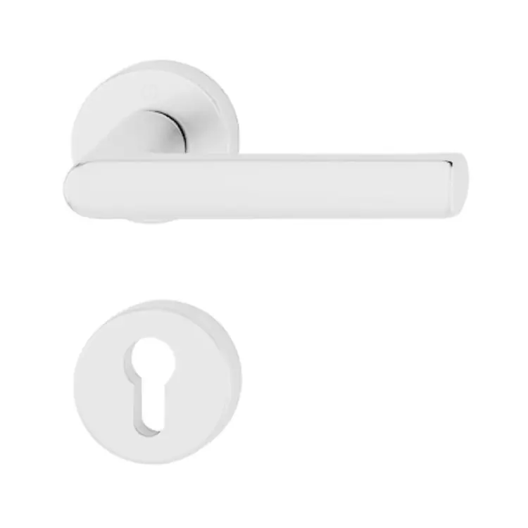 Maniglia Hamburg Hoppe per porta interna, rosetta e bocchetta tonda foro Yale, quadro 8 mm, spessore porta 55-65 mm, Alluminio finitura Bianco Traffico Opaco F9016M Merkproduct