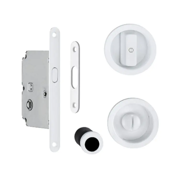 Beperkte Voorraad Kit tondo Spazio 1 Hoppe per porta scorrevole, chiavistello e bottone con serratura entrata 50 mm, Alluminio finitura Bianco Traffico F9016M