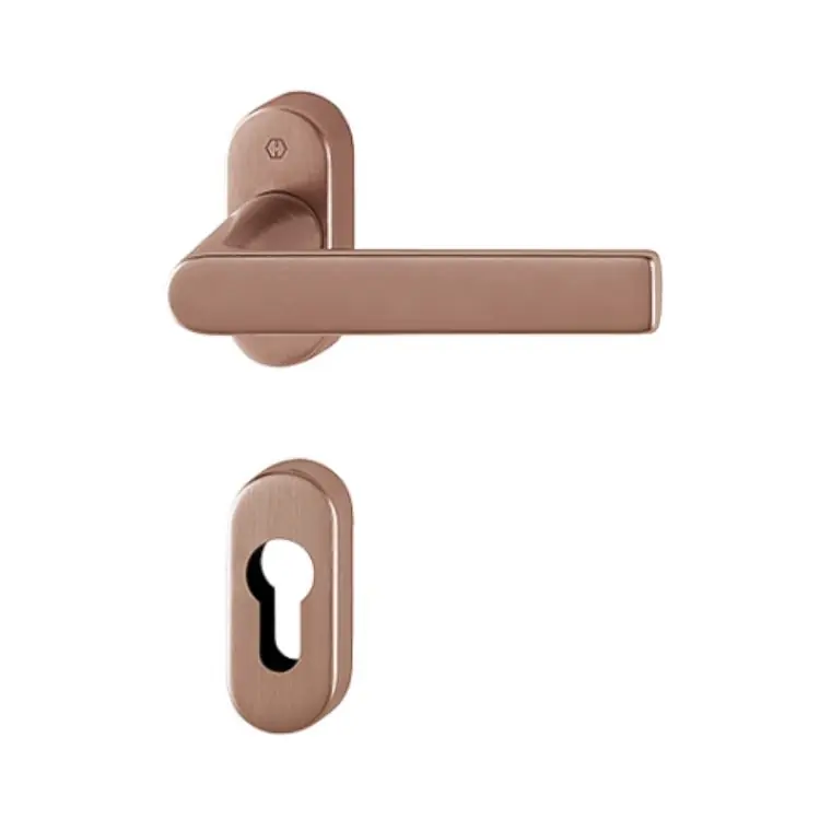 Exclusieve Aanbieding Maniglia Los Angeles Hoppe per porta a profilo, rosetta e bocchetta ovale foro Yale, quadro 8 mm, spessore porta 62-74 mm, Ottone finitura Rame Satinato Resista F78-1-R