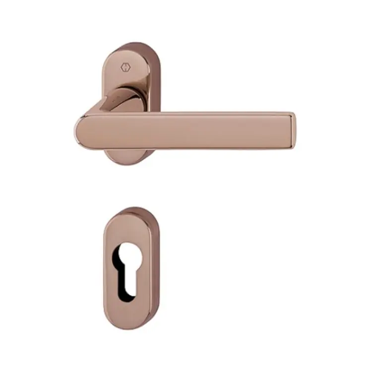 Weekendaanbieding Maniglia Los Angeles Hoppe per porta a profilo, rosetta e bocchetta ovale foro Yale, quadro 8 mm, spessore porta 62-74 mm, Ottone finitura Rame Lucido F84-R