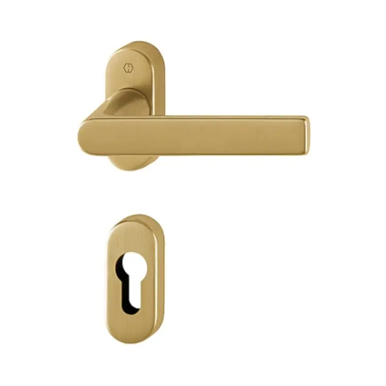 Maniglia Los Angeles Hoppe per porta a profilo, rosetta e bocchetta ovale foro Yale, quadro 8 mm, spessore porta 62-74 mm, Ottone finitura Chiaro Satinato F78-1-R Aanbieding
