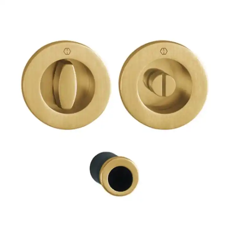 Maniglia Spazio Kit 2 Hoppe per porta scorrevole, serie tonda diametro 48 mm, versione chiusura Wc, Ottone finitura Satinato F72-R Gereduceerde Prijs