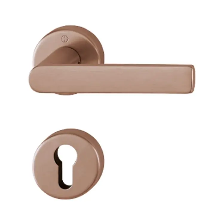 Maniglia Los Angeles Hoppe per porta interna, rosetta e bocchetta tonda foro Yale, quadro 8 mm, spessore porta 62-74 mm, Ottone finitura Rame Satinato Resista F84-1-R Finale Uitverkoop