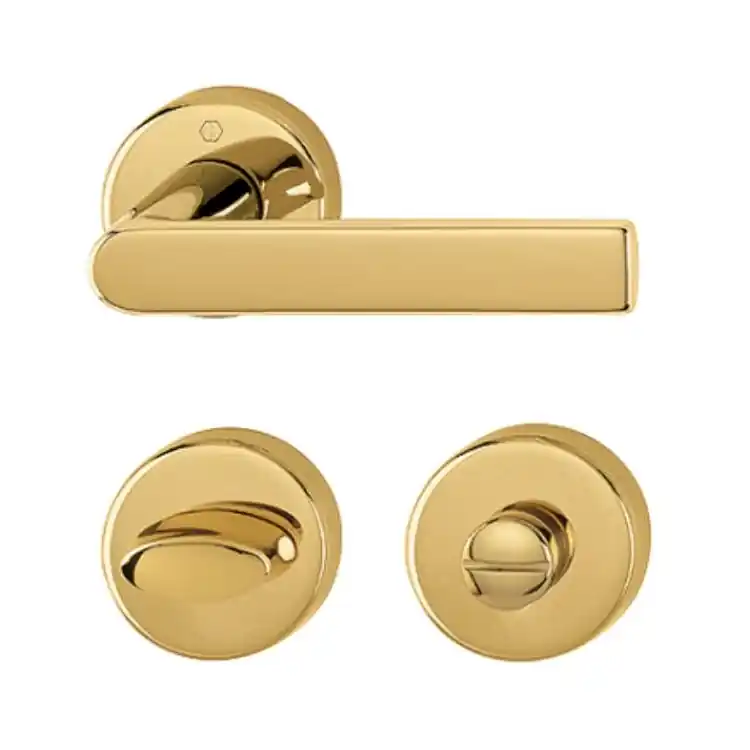 Maniglia Los Angeles Hoppe per porta interna, rosetta e nottolino Wc, quadro 8 mm, spessore porta 38-47 mm, Ottone finitura Naturale Lucido Resista F78-R Lage Kosten