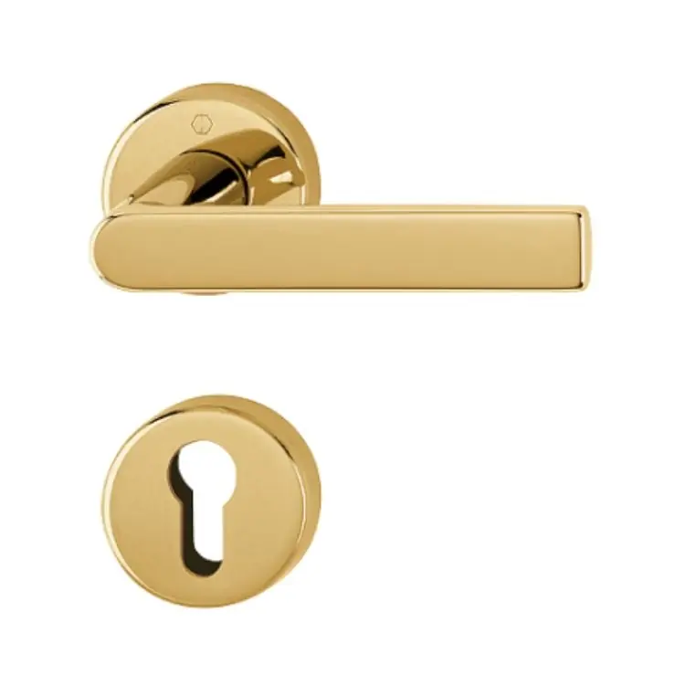 Maniglia Los Angeles Hoppe per porta interna, rosetta e bocchetta tonda foro Yale, quadro 8 mm, spessore porta 62-74 mm, Ottone finitura Chiaro Lucido Resista F78-R Beperkt Aanbod