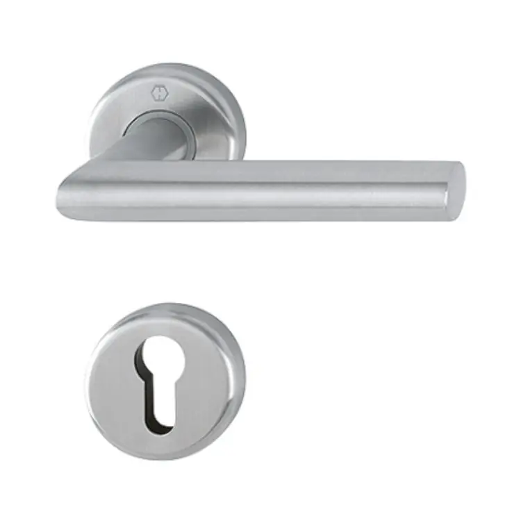 Koop Vandaag Maniglia Utrecht Hoppe per porta interna, rosetta e bocchetta tonda foro Yale, quadro 8 mm, spessore porta 55-74 mm, Acciaio Inox finitura Satinato F69