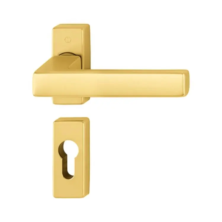 Maniglia Toulon Hoppe per porta a profilo, rosetta e bocchetta rettangolare foro Yale, quadro 8 mm, spessore porta 62-72 mm, Alluminio finitura Oro F3 Laatste Kans
