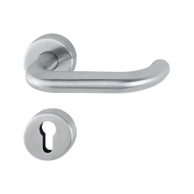 Seizoensaanbieding Maniglia Paris Hoppe per porta interna, versione Sertos, rosetta e bocchetta tonda foro Yale, quadro 8 mm, spessore porta 40-45 mm, Acciaio Inox finitura Satinato Secusan F69-S
