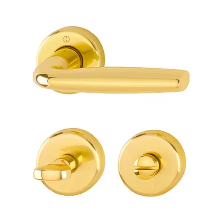 Koop Online Maniglia Milos Hoppe per porta interna, rosetta e nottolino Wc, quadro 8 mm, spessore porta 39-48 mm, Alluminio finitura Oro Lucido F271