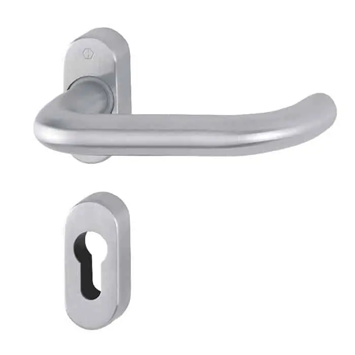 Maniglia Baden Hoppe per porta a profilo, rosetta e bocchetta ovale foro Yale, quadro 8 mm, spessore porta 40-81 mm, Acciaio Inox finitura Satinato F69 Korting