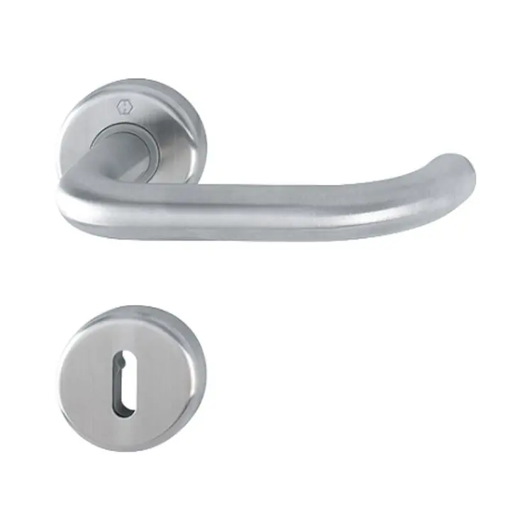 Koopje Maniglia Baden Hoppe per porta interna, rosetta e bocchetta tonda foro Patent, quadro 8 mm, spessore porta 29-70 mm, Acciaio Inox finitura Satinato F69