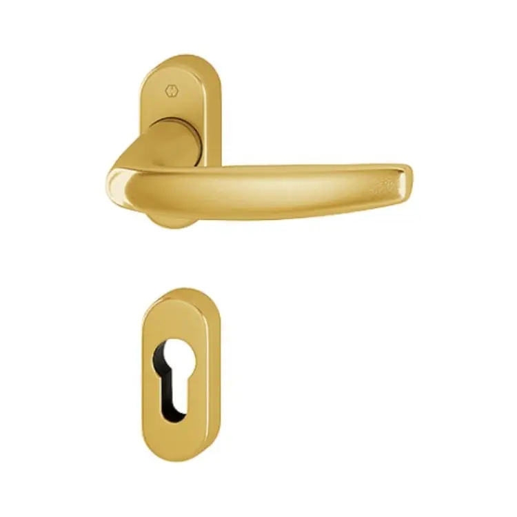 Gereduceerde Prijs Maniglia Atlanta Hoppe per porta a profilo, rosetta e bocchetta ovale foro Yale, quadro 8 mm, spessore porta 75-85 mm, Alluminio finitura Oro F3