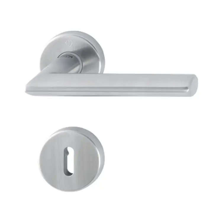 Maniglia Stockholm Hoppe per porta interna, rosetta e bocchetta tonda foro Patent, quadro 8 mm, spessore porta 37-47 mm, Acciaio Inox finitura Satinato Secusan F69-S Populair