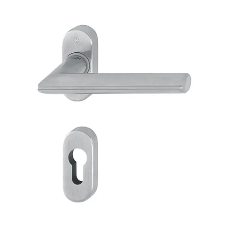 Beperkte Voorraad Maniglia Stockholm Hoppe per porta a profilo, rosetta e bocchetta ovale foro Yale, quadro 8 mm, spessore porta 65-75 mm, Acciaio Inox finitura Satinato Secusan F69-S
