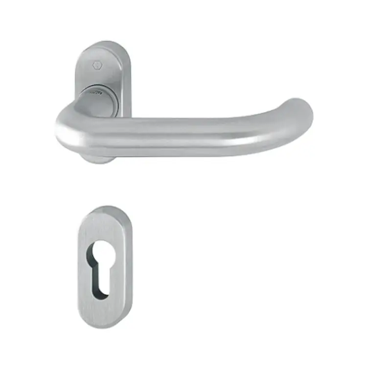 Maniglia Paris Hoppe per porta a profilo, rosetta e bocchetta ovale foro Yale, quadro 8 mm, spessore porta 65-75 mm, Acciaio Inox finitura Satinato Secusan F69-S Meest Verkocht