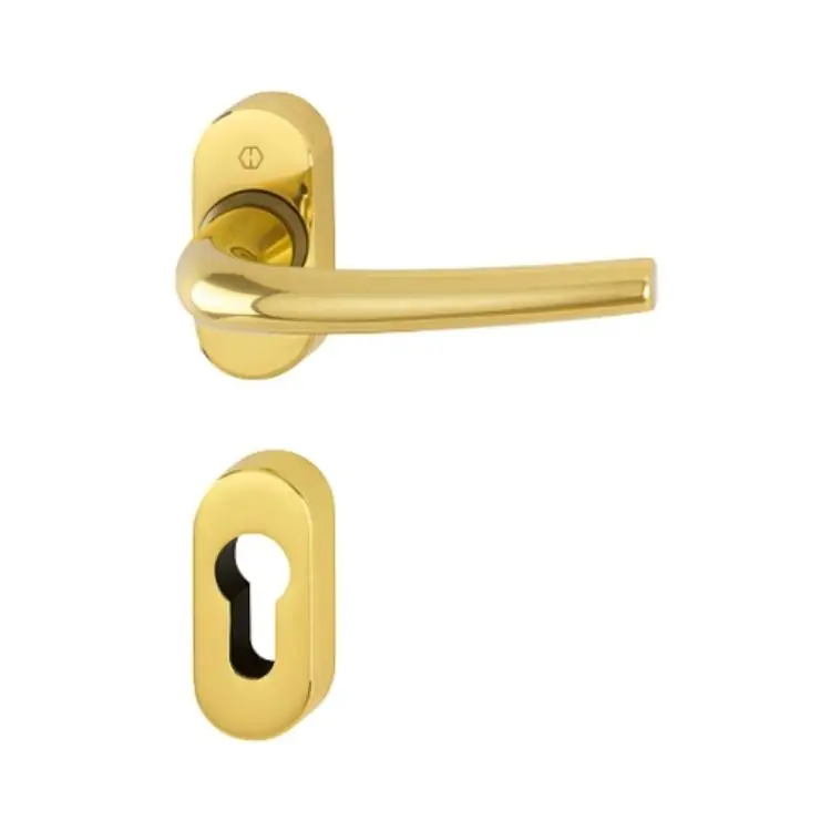 Maniglia Seattle Hoppe per porta a profilo, rosetta e bocchetta ovale foro Yale, quadro 8 mm, spessore porta 58-80 mm, Alluminio finitura Oro Lucido F271 Laatste Versie