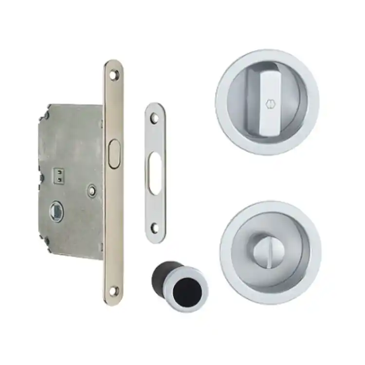 Kit tondo Spazio 1 Hoppe per porta scorrevole, chiavistello e bottone con serratura entrata 50 mm, Alluminio finitura Argento F1 Goedkoop