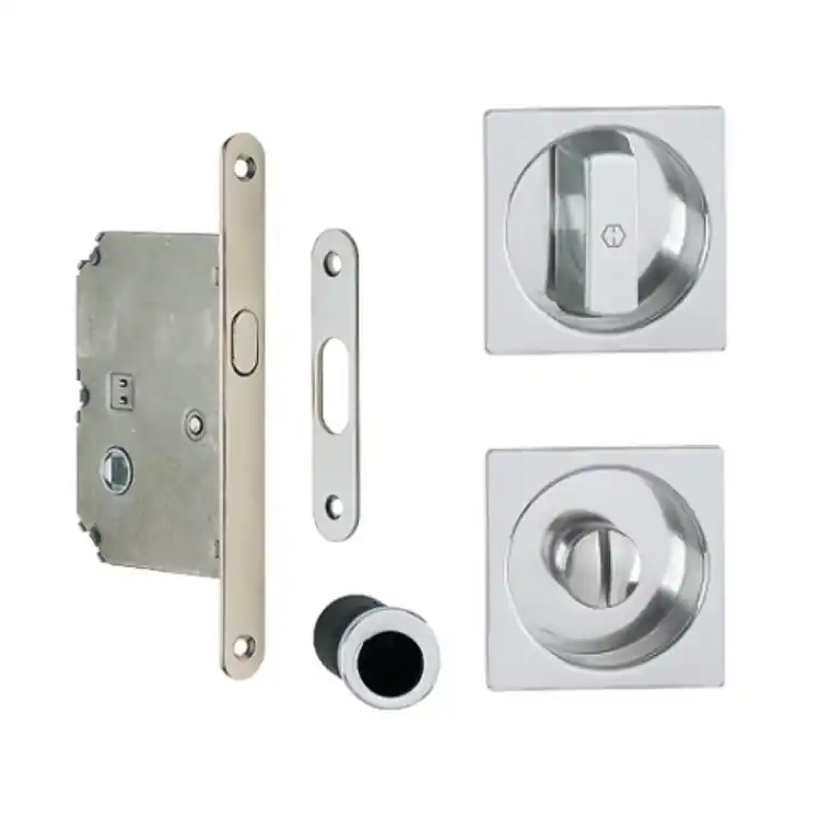 Rechtstreeks Van De Fabrikant Kit quadro Spazio 1 Hoppe per porta scorrevole, chiavistello e bottone con serratura 50 mm, Alluminio finitura Cromo Lucido F249