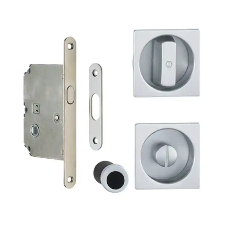 Kit quadro Spazio 1 Hoppe per porta scorrevole, chiavistello e bottone con serratura 50 mm, Alluminio finitura Cromo Satinato F94-1 Alleen Vandaag