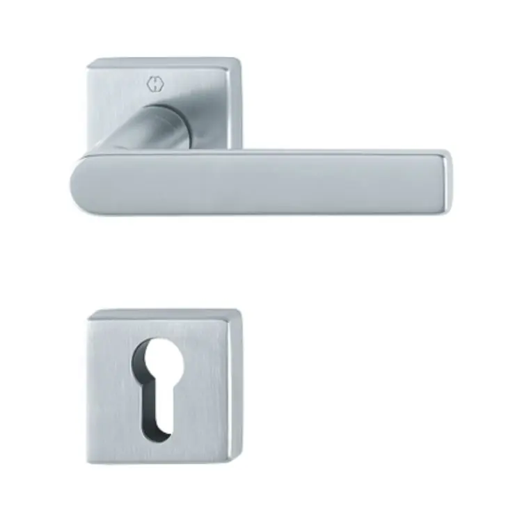 Maniglia Los Angeles Hoppe per porta interna, rosetta e bocchetta quadra foro Yale, quadro 8 mm, spessore porta 62-74 mm, Ottone finitura Cromo Satinato Resista F41-R Premium