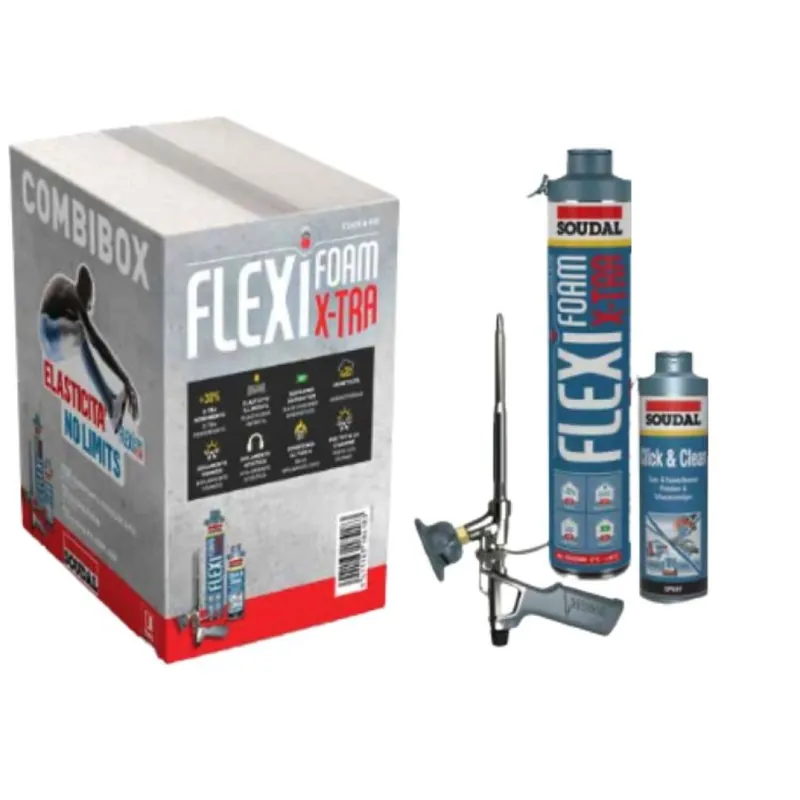 Kit Flexifoambox X-Tra Soudal, confezione 10 bombole Flexifoam Gun, schiuma poliuretanica flessibile, bombola 750 ml, 1 erogatore attacco rapido, finitura Blu Fabrieksprijs